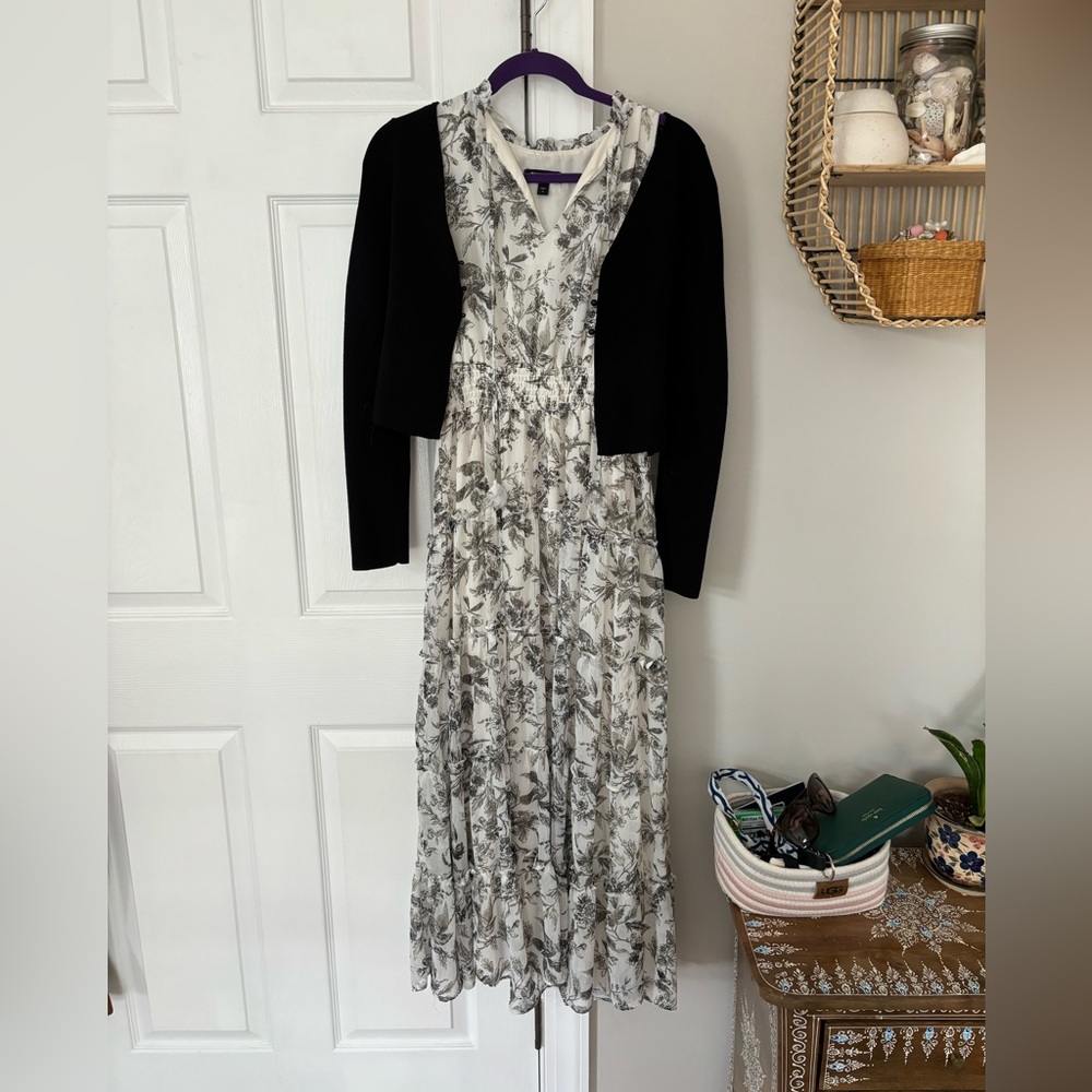 Floral Express dress w/ black cardigan